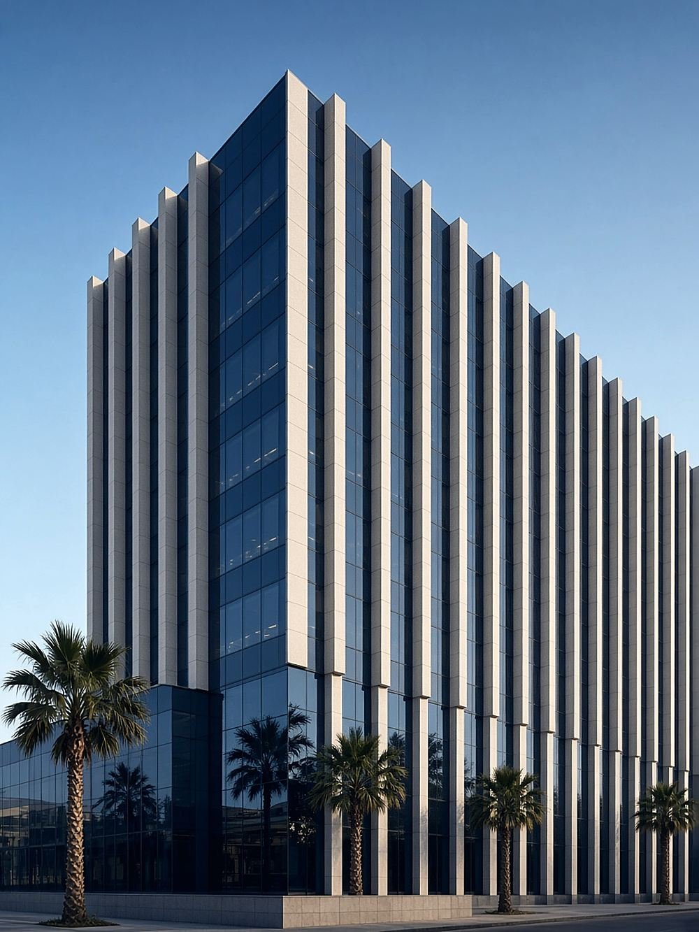 Contemporary institutional office building with a glass and pale stone facade in a West African capital city.