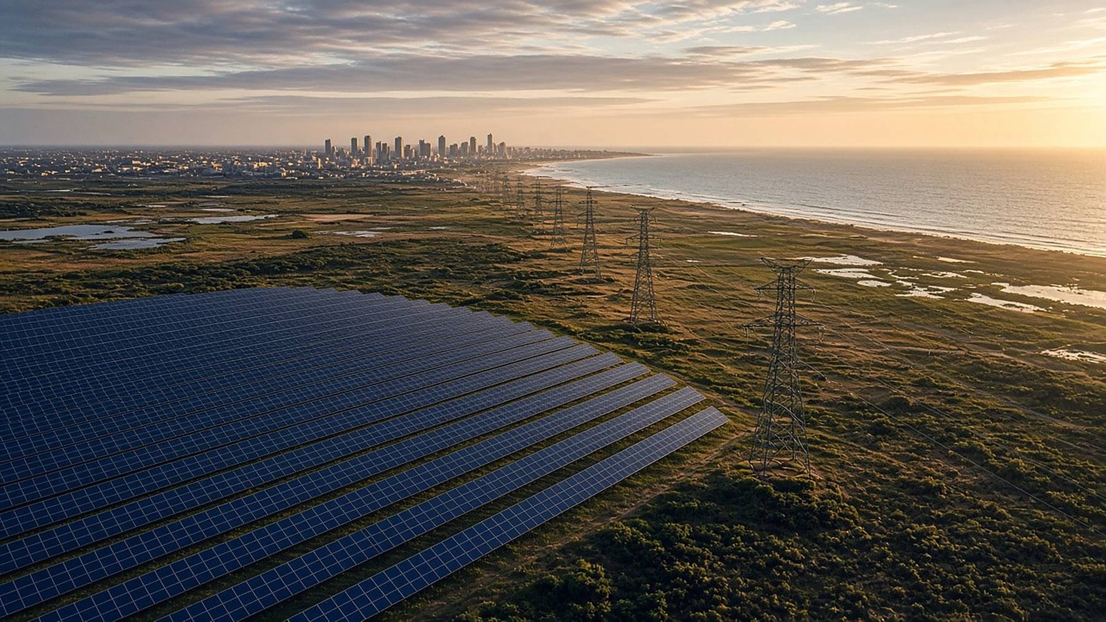 Utility-scale solar array and high-voltage transmission towers on a West African coastline at sunrise, with a city skyline in the distance.