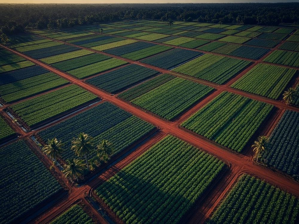 Aerial view of commercial farmland divided into green cultivated plots by red-earth access tracks.