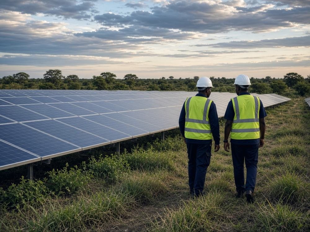 Two engineers in hard hats and high-visibility vests inspecting rows of solar panels at a utility-scale solar installation.