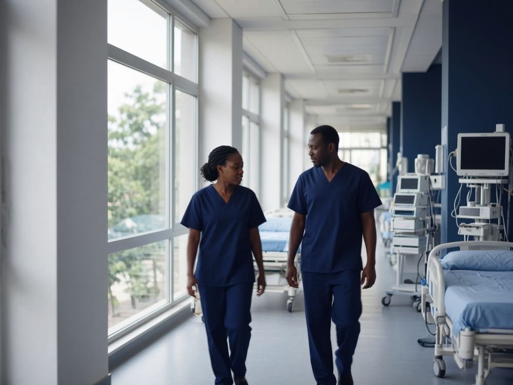 Two healthcare professionals in scrubs walking through a bright, modern hospital ward.