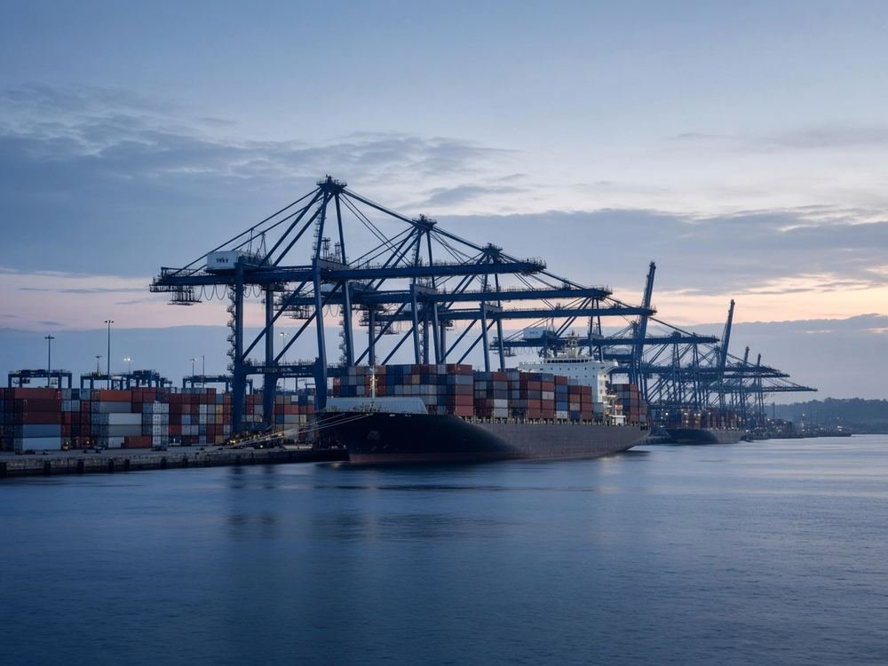 Container terminal at dawn with ship-to-shore gantry cranes, stacked containers and a moored cargo vessel.