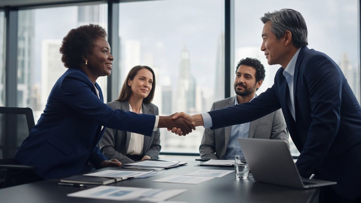 Executives from different organizations shaking hands across a boardroom table during a partnership meeting.