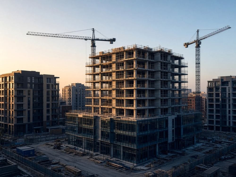 Mid-rise mixed-use development under construction with tower cranes, framed by completed city buildings at dusk.