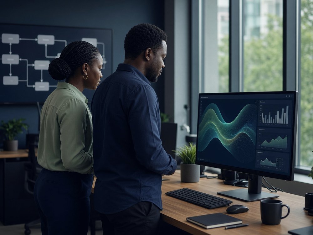 Two professionals reviewing software and workflow screens in a modern West African technology workspace.