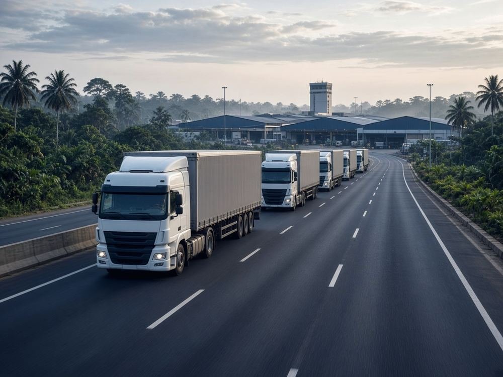 Line of freight trucks travelling along a highway toward a distribution terminal at first light.